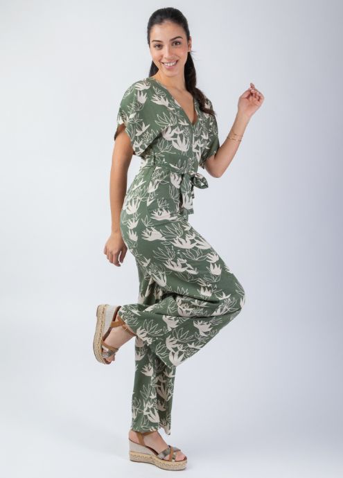 combinaison pantalon chic kaki motif fleurs de lotus face