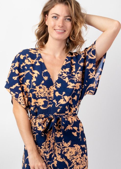 combinaison pantalon femme été jambes et manches larges encolure en v motif ethnique zoom