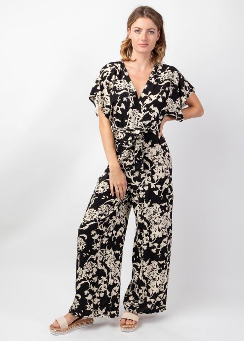 combinaison pantalon chic noire motif ethnique crème jambes larges face