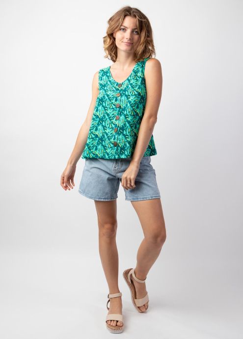 débardeur larges bretelles vert tropical boutons marron en coco zoom