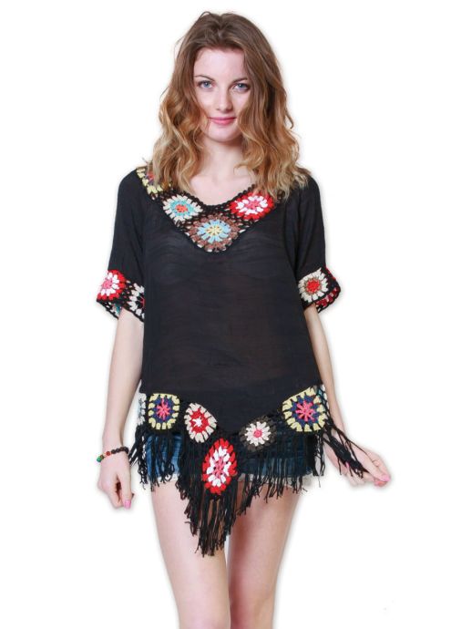 Tunique de plage à franges détail crochet JANEIRO noire