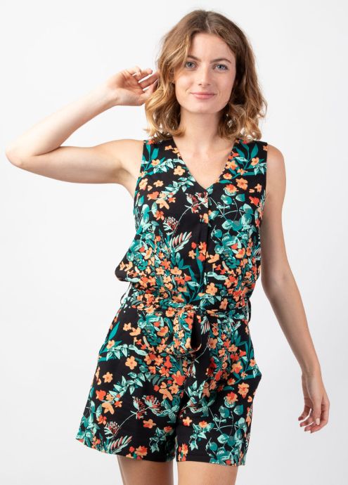 combishort noir femme été fleuri larges bretelles zoom