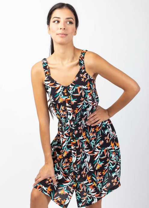 robe courte à bretelles froncées motif tropical zoom