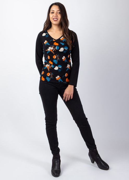 top hiver noir manches longues imprimé coloris automnal face