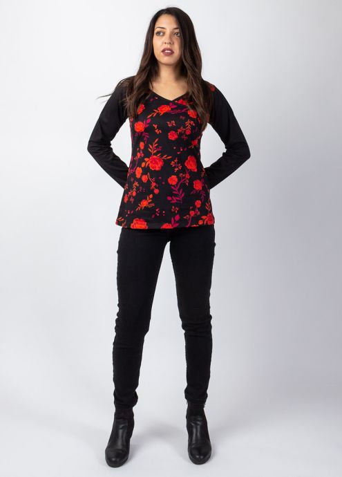 top hiver noir ethnique imprimé fleuri roses rouges en 100% coton
