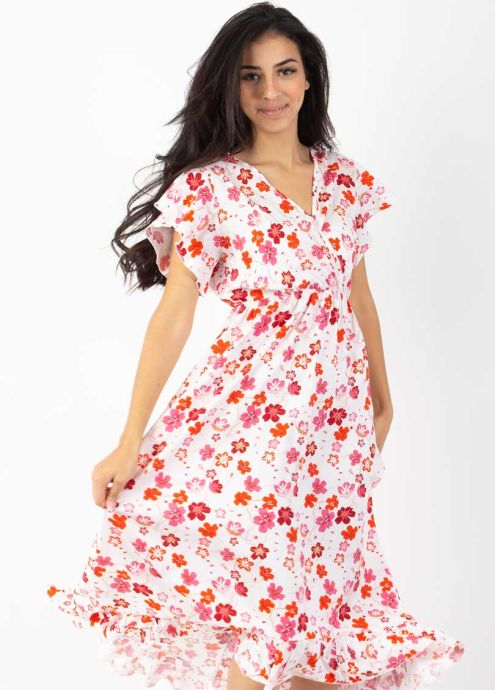 robe longue blanche motifs floraux colorés zoom