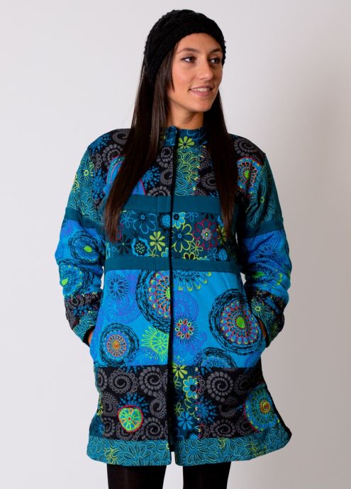 manteau hiver femme bleu motif ethnique
