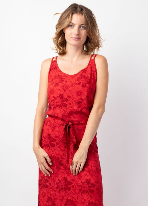 robe longue femme été fendue rouge lumineux bretelles ajourées zoom