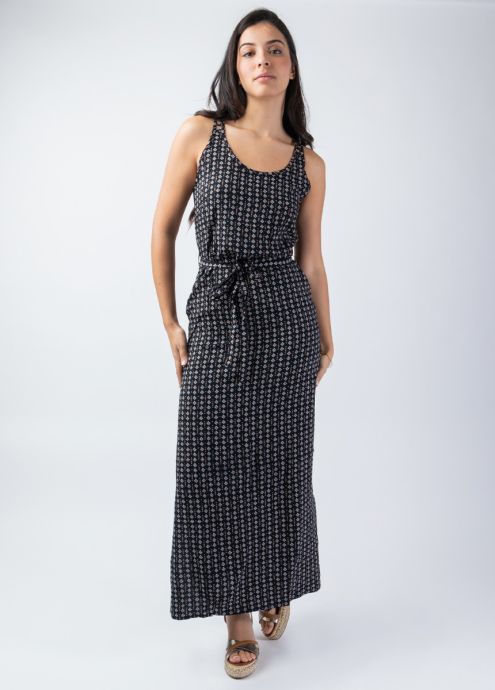 robe longue fendue dos ajourée noire imprimé ethnique