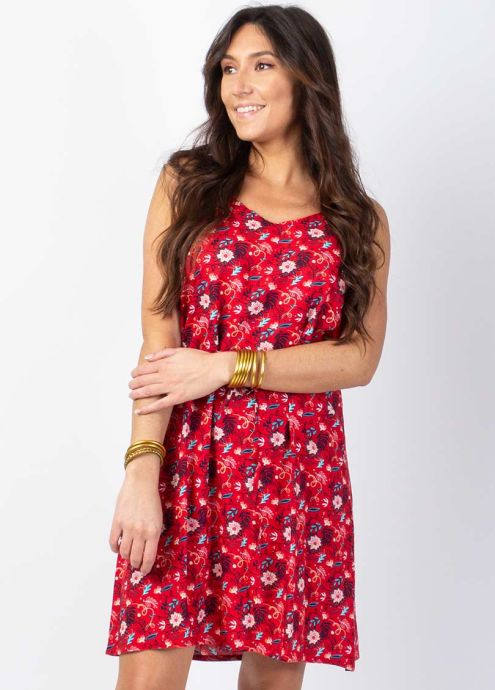 robe courte à bretelles motif fleuri rouge zoom