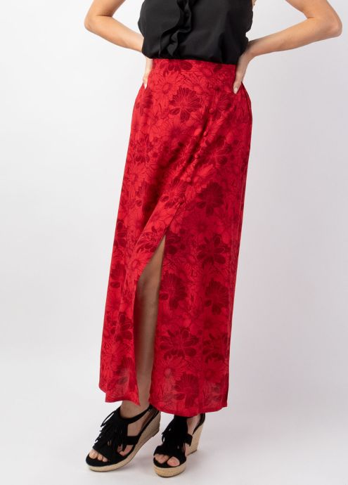 jupe longue fendue femme été imprimé floral rouge zoom