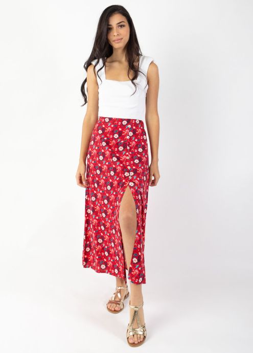 jupe longue fendue motif rouge floral face