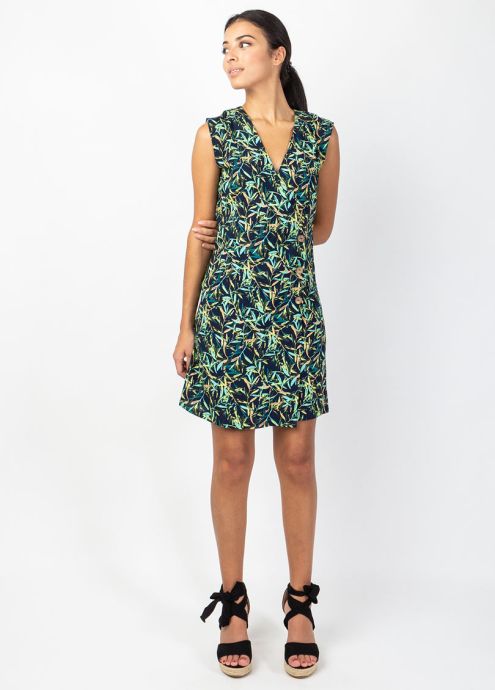 robe courte motif tropical encolure en v effet croisé face