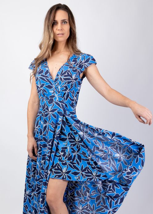 robe mi-longue estivale bleu manches courtes zoom