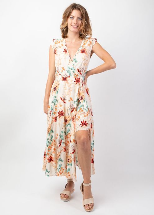 robe mi-longue bohème chic encolure en v croisé doublure face