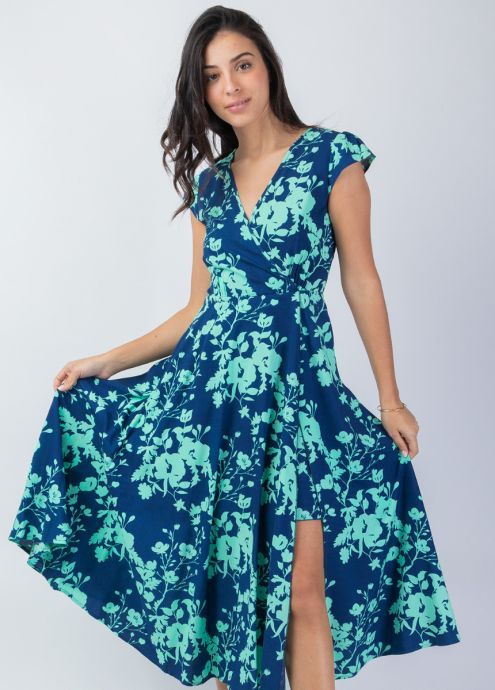 robe mi-longue bohème bleu imprimé fleuri turquoise zoom
