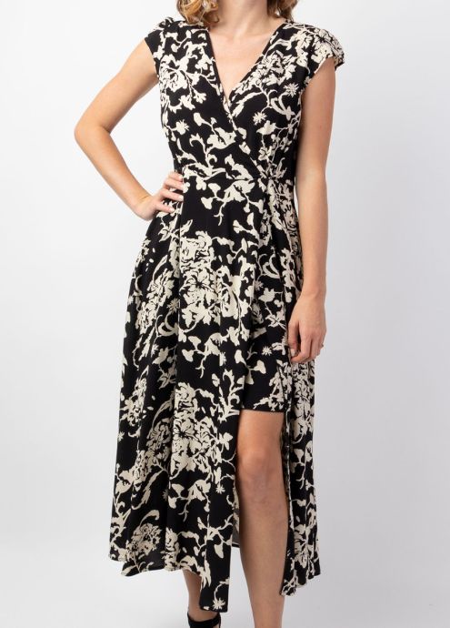 robe mi-longue femme été taille cintrée encolure en v croisé doublure mi-cuisse noire et blanche zoom
