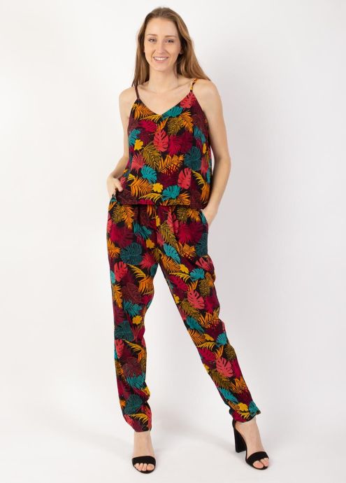 combi pantalon imprimé tropical jaune orangé face