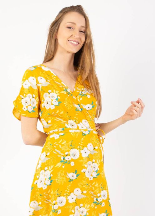 robe cache cœur jaune motif floral blanc zoom