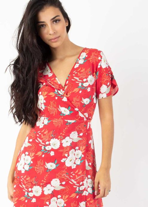 robe courte rouge cache cœur manches courtes zoom