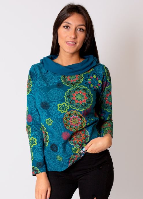 Top en coton  col montant MALAWI ethnique bleu