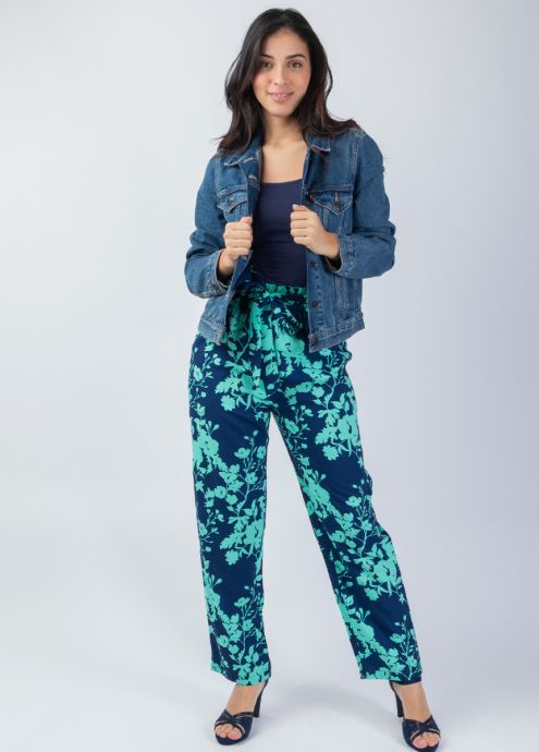 pantalon fluide été motif fleuri turquoise taille élastiquée face