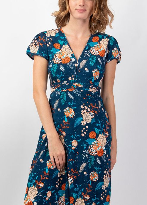 robe longue bleu encolure en V motif fleuri lumineux zoom