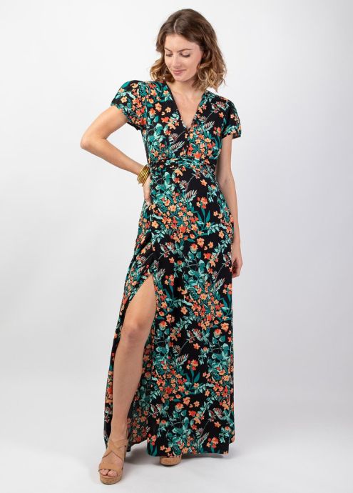 robe longue taille cintrée motif fleuri coloré face