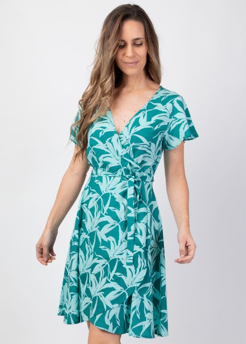 robe courte cache-cœur motif floral bleu turquoise