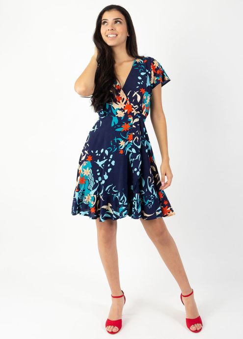 robe courte cache cœur imprimé ethnique marine face