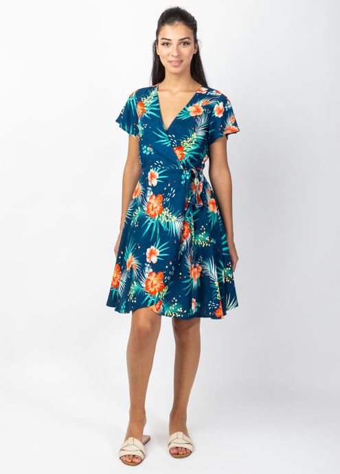 robe courte coupe cache cœur manches courtes motif fleuri coloré face