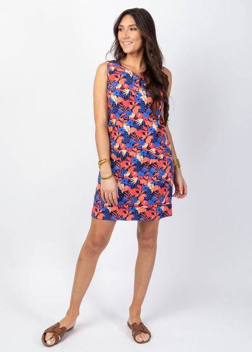 robe courte bleu et corail en viscose coton motif tropical encolure tunisienne face