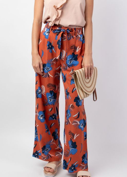 pantalon été viscose jambes larges couleur terra cotta motif fleuri zoom