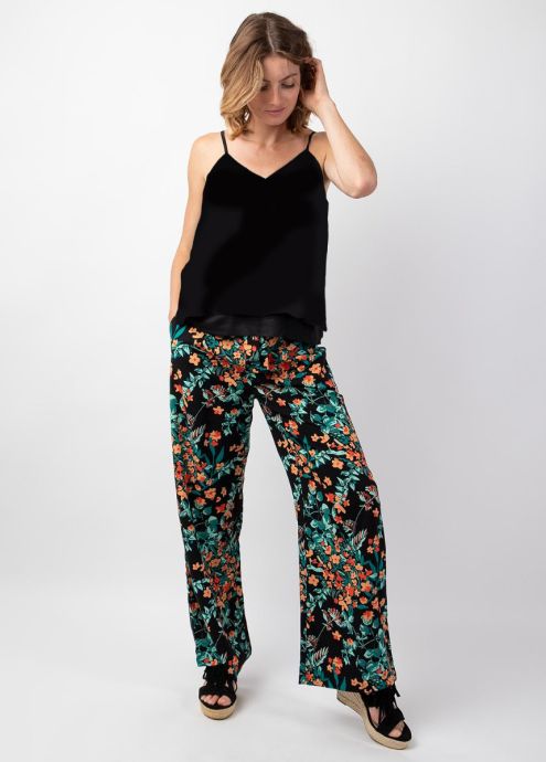 pantalon femme été jambes larges noirs motif fleuri zoom