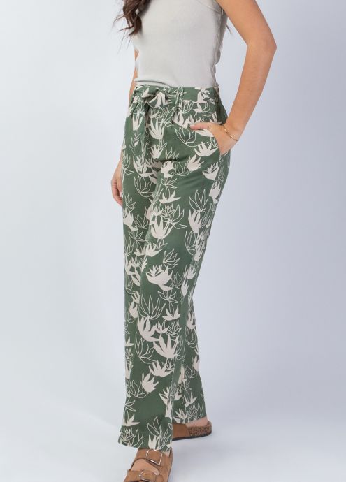 pantalon été jambes larges kaki motif fleurs de lotus zoom