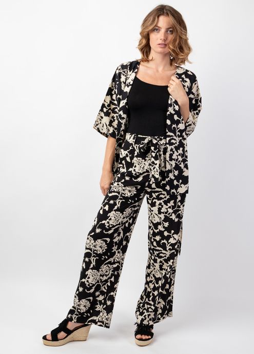 pantalon noir jambes larges motif ethnique en viscose face