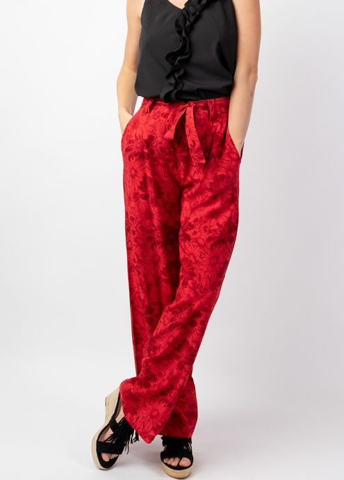 pantalon habillé rouge jambes larges ceinturé motif fleuri avec poches biais zoom