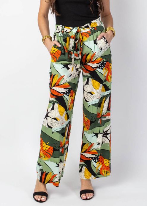 pantalon en viscose jambes larges motif tropical poches biais zoom