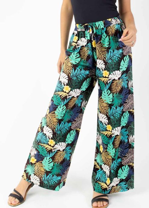 pantalon fluide jambes larges motif tropical vert zoom