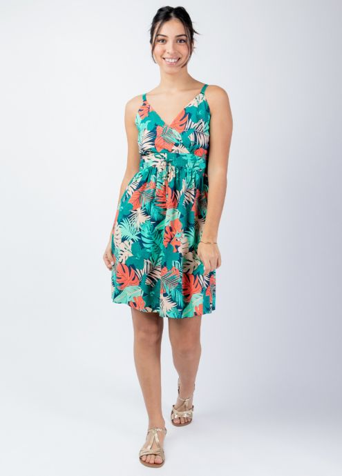 robe courte bleu motif fleuri encolure en v face