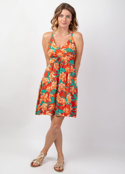 robe courte encolure en v fines bretelles coupe droite motif tropical face