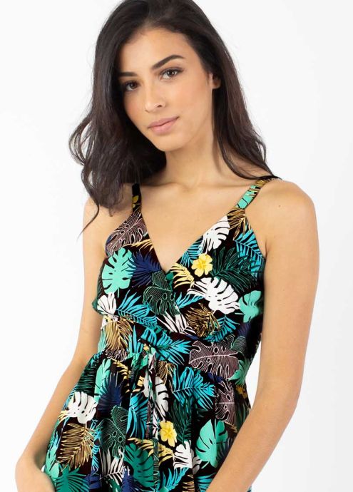 robe courte encolure v fines bretelles motifs tropicaux  zoom