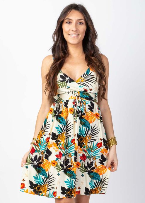 robe courte fines bretelles motif ethnique tropical animalier tigre encolure en v zoom