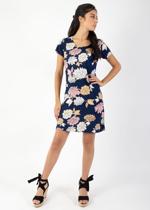 robe courte bleu marine motif floral face