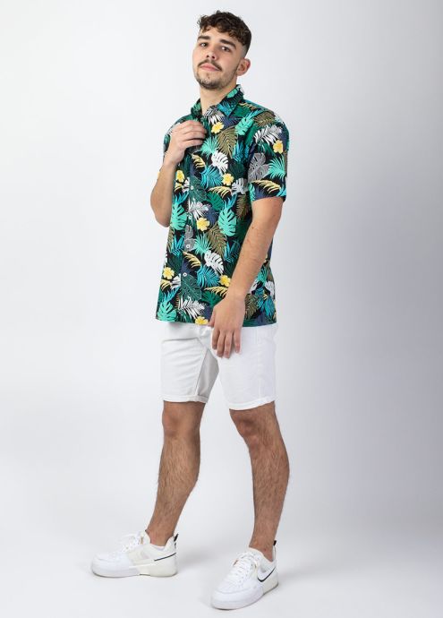 chemise homme été imprimé vert manches courtes viscose coton face