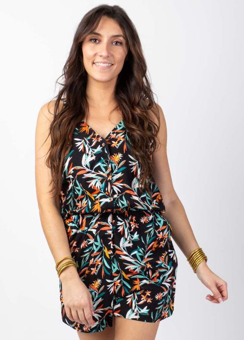 combi short fines bretelles motif tropical en viscose