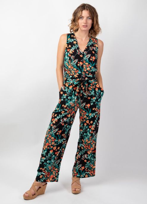 combinaison pantalon noire fleurie encolure en v jambes larges face