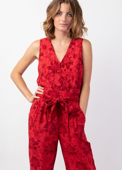combinaison pantalon rouge fleurie encolure en v jambes larges zoom