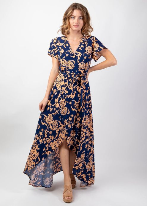 robe longue viscose manches courtes motif ethnique face
