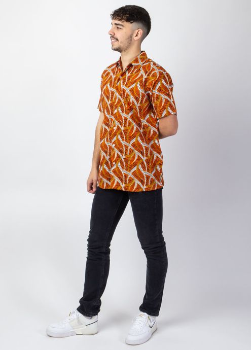 chemise homme été imprimé ethnique orange manches courtes
